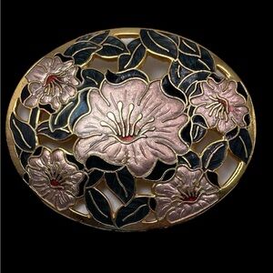 Vintage Cloisonné a pink and Black Enamel Oval Brooch by Fish and Crown